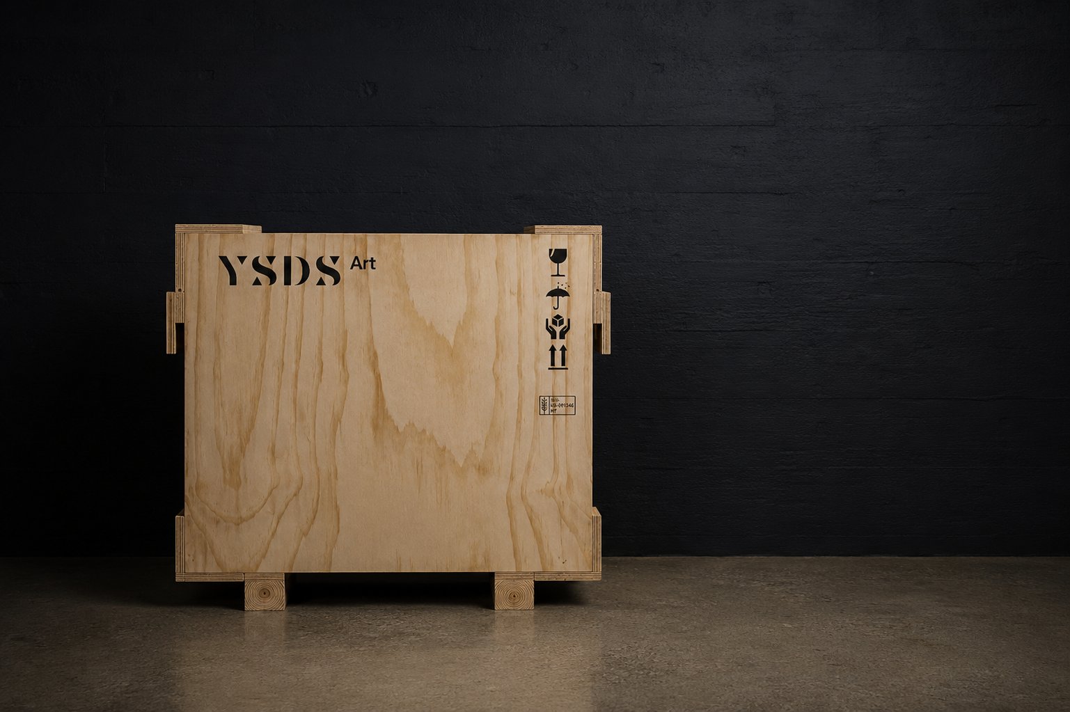 A YSDS Art fine-art shipping crate, stencilled with the YSDS Art wordmark, in a dark gallery space